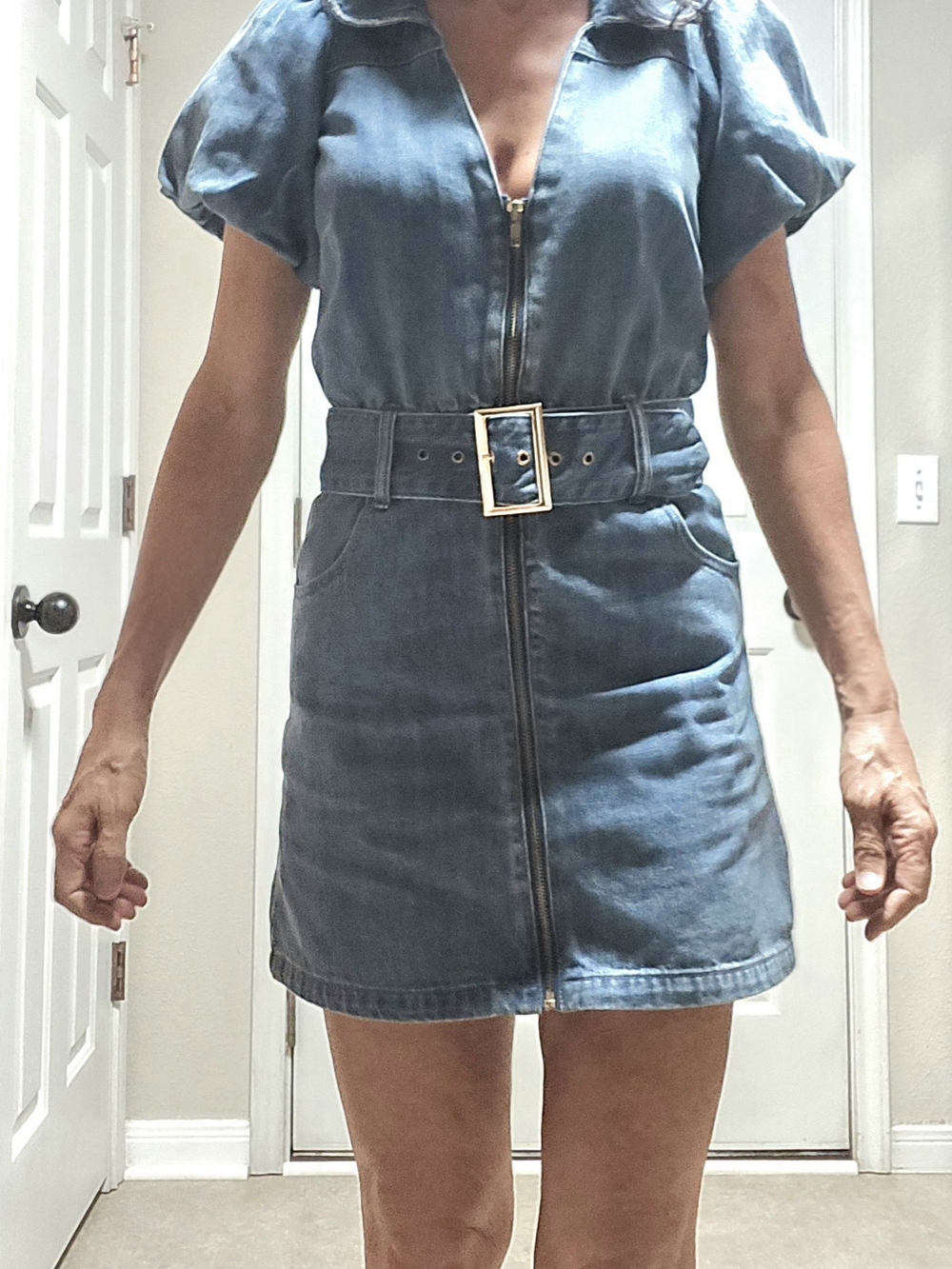 Show Me Your MuMu XS Blue Denim Zip-Front Belted Mini Dress with Puff Sleeves - Picture 3 of 7